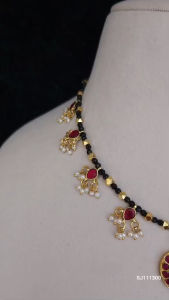 Sg readystock Jadau Kundan Necklace with Black Beads Red and Green Gems and Pearl Dangles Indian minimalist jewellery