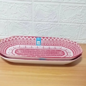 SET FOR 2 PIECES CERAMIC RECTANGULAR SERVING PLATTER 12 INCHES BOHO RED PRINT NOT FADED
