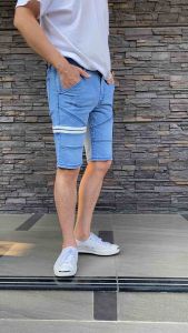 TPPJEANS LV Shorts Denim กางเกงยีนส์ขาสั้นชายสีบลูฟอกซีด ทรงสลิม ยีนส์ยืดใส่สบาย เป้าซิป แต่งแถบหนังขาวตัดต่อขา ทรงสวย - Size 28-36 รับชำระปลายทาง