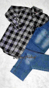Setelan Anak Murah Kemeja Flanel & Jeans Panjang Umur 1-13 tahun WARNA ABU