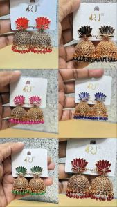 NJ Elegant Lotus Jhumka Earrings in Gold Base