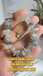 Gelang Tangan Kristal Suasa Emas Natural Crystal Grey Moonstone Bracelets 天然水晶灰月光石碎石手链