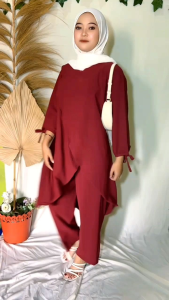 Madina Tunik One Set Crinkle Airflow Setelan Tunik Tangan 3/4 Import /Wanita Two Piece Set