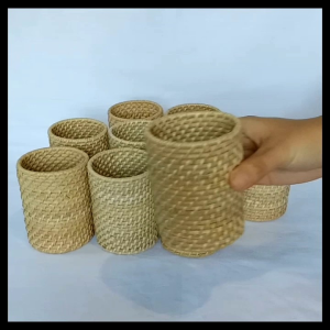 Tissue Holder/ Table and Desktop Pen Holder Woven Rattan Cylindrical Shape 3 inches diameter x 4 inches height