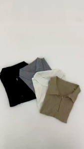 AMstore999 - Liryn Top - Atasan Baju Polo Wanita - Rib Knit Wowen Zipper Top - Atasan Lengan Pendek Wanita