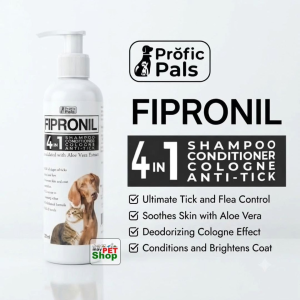 Profic Pals Fipronil 4-in-1 Pet Shampoo Conditioner Cologne and Anti-Tick Treatment with Aloe Vera (250ml)
