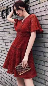 Spring lace flare dress wanita TM 0986 model mewah cantik simpel dan elegan