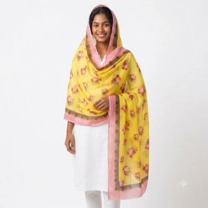 Floral Yellow Chiffon Shal/ hijab/ Dupatta Pakistani Dupatta for Women – Elegant Summer Shawl Scarf and Long Veil Wrap (Perfect for Everyday & Occasions)