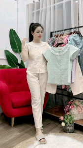 Quần áo nữ mặc nhà (Bunnysky) đồ bộ thiết kế cổ nhún bèo cộc tay quần dài vải lụa và kẻ thô xốp mềm