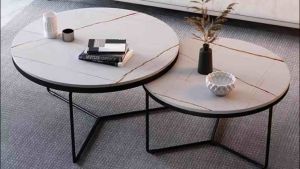 Bàn trà đôi Sofa phòng khách mặt đá tròn chân kim loại kiểu kiềng dạng thanh tròn sang trọng hiện đại