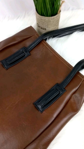 Tas Tote Bag Ootd Wanita Remaja Kekinian Kulit Semi Glossy Aika Kerja Kuliah Tas Bahu Import Terbaru - Kulit PU Premium, Warna Hitam, Cokelat, Cokelat Tua (IMPORT)