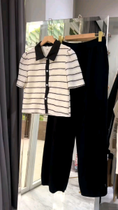 ●ECLAIRE● 043 Kemeja Knit Rajut Lengan Pendek Shortsleeves Motif Garis Salur Stripe Korea Kasual Casual Kerja Kantor Import sboo