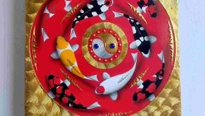 รูปมงคล ภาพมงคล ปลาคราฟ8ตัว ปลามงคล 60x60cm ผ้าใบภาพวาดสีน้ำ พื้นแดงขอบมุมทอง painting canvas