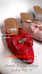 Sepatu Sandal Pesta Anak Perempuan Brukat Hak Tahu 3 cm Motif Pita Emas Slip On Chunky Heels Selop Cewe Tahun Vynscollection /IR75