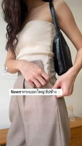 เคลื่อนที่ดิน กางเกงเอวสูงขากระบอกใหญ่จีบหน้าซิปหลัง ผ้าร่อง