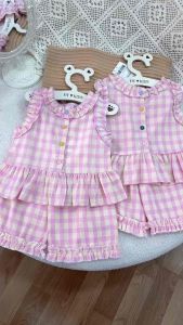 🌺K131-Bộ quần áo kẻ sọc li-nen viền bèo cho bé gái xinh tươi (10-22kg)