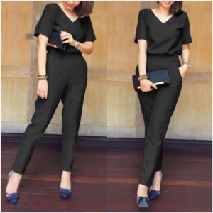 2754 set2ชิ้น เสื้อคอวีแขนสั้น + กางเกงขายาวเข้าเซ็ทมีกระเป๋าล้วง