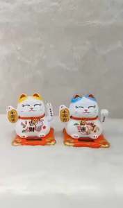 Lucky Fengshui Solar Porcelain Cat( yellow and blue ear)