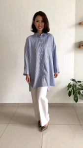 Kemeja Labuh Jalur 6632 Kain Sejuk wanita muslimah lengan panjang Baju Dewasa