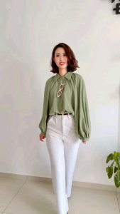 3385 Korean Drama Office Lady Shirt Balloon Sleeves full Button long Sleevs bergaya fashion blouse fit size M L XL Baju Kemeja Crepe Flowy Lembut Soft sage green white black bronze