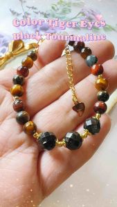 Gelang Tangan Kristal Natural Crystal Color Tiger Eyes Stone with Faceted Black Tourmaline Bracelet 纯天然水晶彩虎眼石配黑碧玺手链