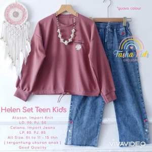 [[ New Arrival ]] Helen Set Teen Kids by Fasha Setelan Kaos Serut dan Celana Jeans Oneset Blus Knit Import Lengan Panjang Setcel Anak Remaja Tanggung Usia 11-15 Tahun One Set Anak Lucu Model Terbaru Outfit OOTD Anak Remaja Kekinian