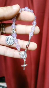 St. Benedict Light Purple #8 16cm Crystal Glass Rosary Bracelet Back to back with Jerusalem Clay Container and Mother of Perpetual Help Center Medal with free box as Souvenir easily used for praying rosary while travelling anywhere