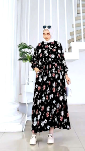 MIDI DRESS MOTIF DAUN VINTAGE PREMIUM LD 110 CM PREMIUM BY PINKAN / ANGGUN MIDI DRESS HQ / GAMIS COTTON RAYON BERKUALITAS