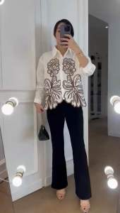 KEMEJA BORDIR BUNGA MEKAR PREMIUM LENGAN PANJANG / KEMEJA OVERSIZE 3XL CORAK BUNGA KOREA STYLE HIJAB FRIENDLY