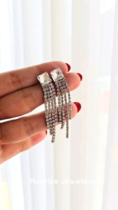 Anting Tusuk Wanita Desain Kotak & Rumbai Diamond Imitasi Panjang