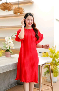 📌เดรสผ้าพลีททวิส คอกลม แขนระบาย2ชั้น ขนาดฟรีไซส์ อก:36-60"ยาว:40"