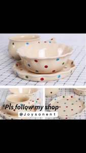 C91/C86/C87Cute Japanese Nordic Polka Dot Breakfast Bowl with Handle Single Creative Home Ceramic