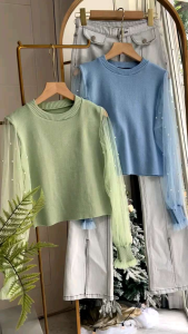 ●ECLAIRE● 043 Blouse Crop Knit Rajut Kombinasi Tile Mutiara Pearl Lengan Panjang Longsleeves Korea Kasual Kerja Feminim Import