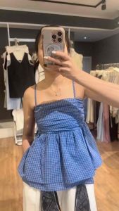 A51 เสื้อสายเดี่ยวลายสก๊อตฟ้า มีเชือกผูกโบว์