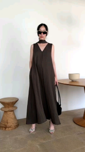 เดรสแขนกุด กระเป๋าข้าง + เชือก Color : (3) ครีม Cream น้ำตาล Brown ดำ black