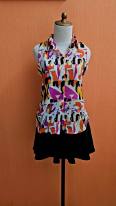 atasan kemeja wanita cream motif orang S M cewek kutung cute santai