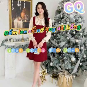 Đầm Len Dệt Kim Tay Bồng Cổ Nơ Tiểu Thư Duyên Dáng Cho Nữ - Thời Trang Thu Đông