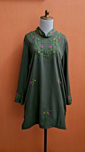 atasan tunik wanita hijau tua DESSY cewek L XL blouse lengan panjang dada bordir