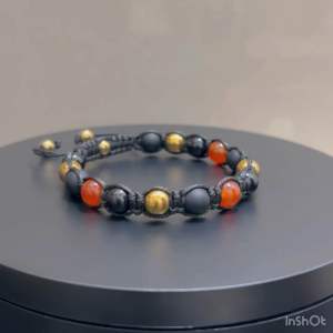 CW Manila - VULCAN Braided Bracelet - 8mm Red Agate Onyx Stone and Gold Hematite - Semi-precious Adjustable Bracelets