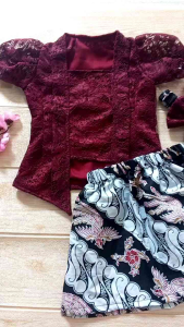 Setelan Kebaya Anak Bayi 6 Bulan Kutu Baru Burgundy Brukat Batik Adat Jawa Free Bando