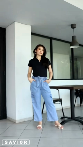 Loose Jeans High Waist Cargo Pinggang Karet M-XXL