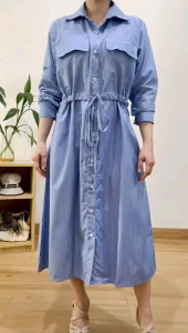 ●ECLAIRE● 063 Dress Midi Katun Salur Lengan Panjang Longsleeves Pocket Drawstring Motif Salur Stripe Garis-garis Kasual Korea Kerja