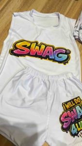 SWAG Kids terno Cool kids Fashion Luxury streetwear white tank top and shorts set with purple text "SWAG" and "I WILL DO SWAG 4LIFE" on shorts