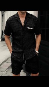 Allstar - Kemeja Rajut Waffle Lengan Pendek Yakuza Depan Distro + Celana Rajut Waffle Polos Distro / Kemeja Rajut Waffle + Celana Rajut Waffle / Kaos Kemeja Kancing / Kaos Kemeja Pria / Kaos Kancing Kemeja / Kaos Kancing