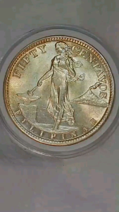 1945 s 50 Centavos .750 Silver 10 grams USPI UNC Genuine Uncleaned natural old toning What you see is what you Get
