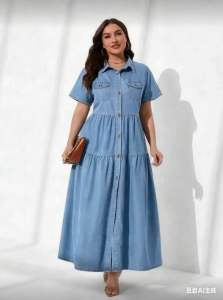 Melody Plus Size Plain Denim Dress Short Sleeve Casual Stylish Suitable For Autumn  Plus Size Denim Dress Vacation Autumn Outfit  Autumn Outfits For Women Festival Outfits  Elegant Vacation Outfits Woman Sundress