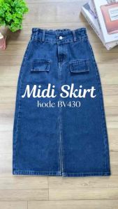 Beevalue - Rok Jeans Midi Wanita Split Depan A line Pinggang Karet Bahan Denim Premium Korean Look Midi Skirt Elastics Waist (BV430)