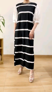 ●ECLAIRE● 003 Dress Midi Loose Drop Waist Salur Stripe Garis Lengan Pendek Shortsleeves Korea Kasual Casual Basic Import 86210