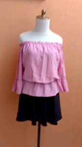 atasan sabrina wanita pink muda M L cewek santai blouse cute