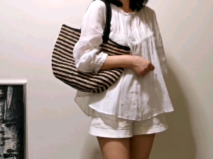 DaVee | Handmade woven Raffia tote bag straw bag top-handle black and beige stripes straw bag beach bag shopping bag